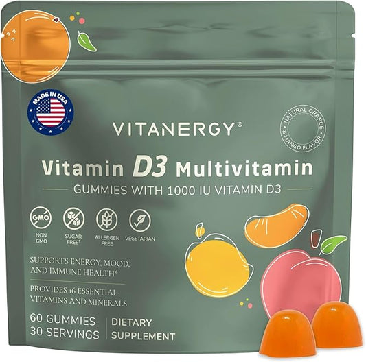 Multivitamin Gummies for Women,1000IU D3 and K2, 16 Essential Nutrients, Bone, Heart and Immune Support, Vegan and Sugar-Free, Mango Orange Flavor, Portable Pouch, Made in USA, 60 Count