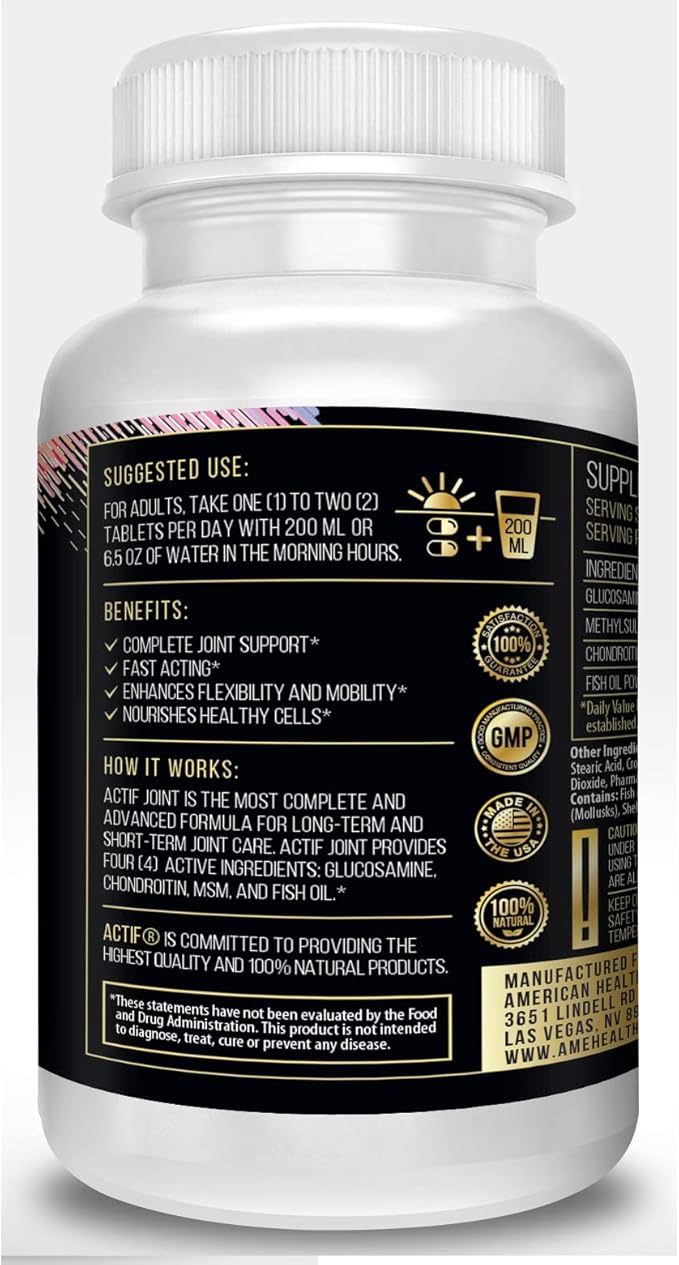ACTIF Joint Supplement 4-in-1 Fast Relief Maximum Strength, Full Joint Support Formula, Non GMO, 120ct, Made in USA