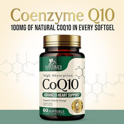 CoQ10 100mg Softgels - Better Absorption, Antioxidant for Heart Health & Cellular Energy Support - Nature's Co Q10 Vitamins, Non-GMO & Gluten Free, Coenzyme Q10 Supplement - 60 Softgels