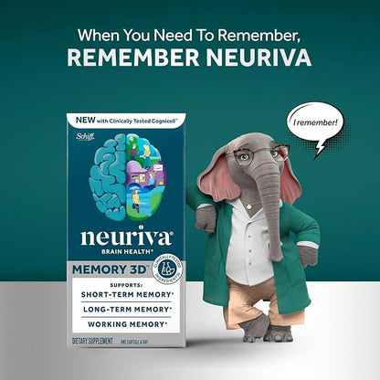 NEURIVA Memory 3D Brain Supplement - Decaffeinated Nootropic Capsules for Memory & Cognitive Function - Short Term, Long Term, & Working Memory Support - 50ct