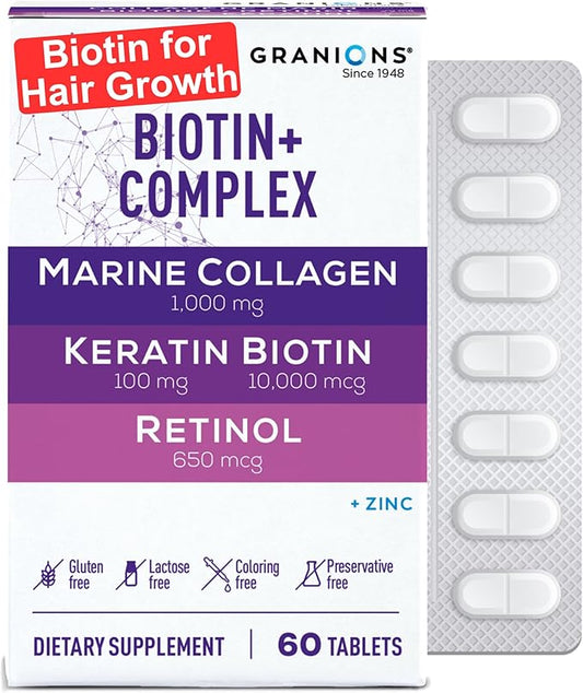 Biotin and Collagen Hair Growth Tablets – 10,000mcg Biotin, Marine Collagen Peptides, Hydrolyzed Keratin, Retinol, Zinc, Vitamin B6 - Hair, Skin and Nails Vitamins Growth Supplement – 60 Tablets