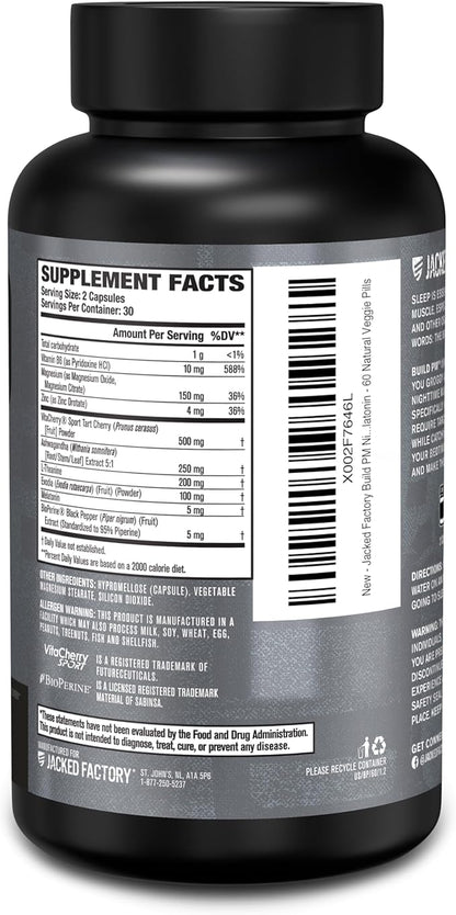 Jacked Factory Build PM Night Time Muscle Builder & Sleep Aid - Post Workout Recovery & Sleep Support Supplement w/VitaCherry Tart Cherry, Ashwagandha, & Melatonin - 60 Natural Veggie Pills