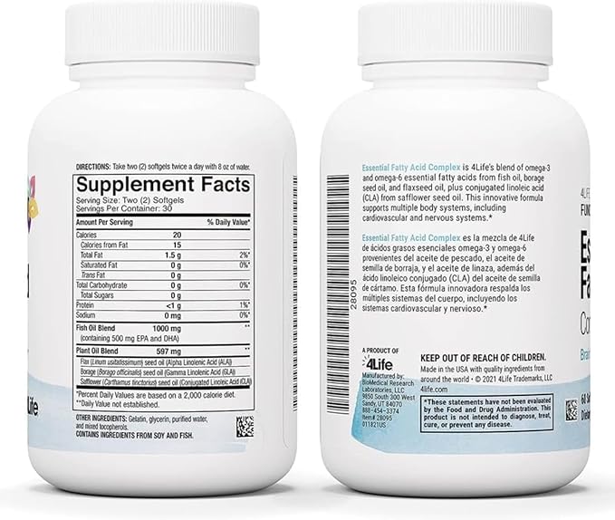 4Life Essential Fatty Acid Complex - Fish Oil Blend Features Omega-3 and Omega-6, Includes GLA and CLA - Circulation Support - 60 Softgels