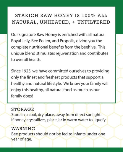 Stakich Royal Jelly, Bee Pollen, Propolis Raw Honey - Pure, Unprocessed, Unheated - 40 Ounce