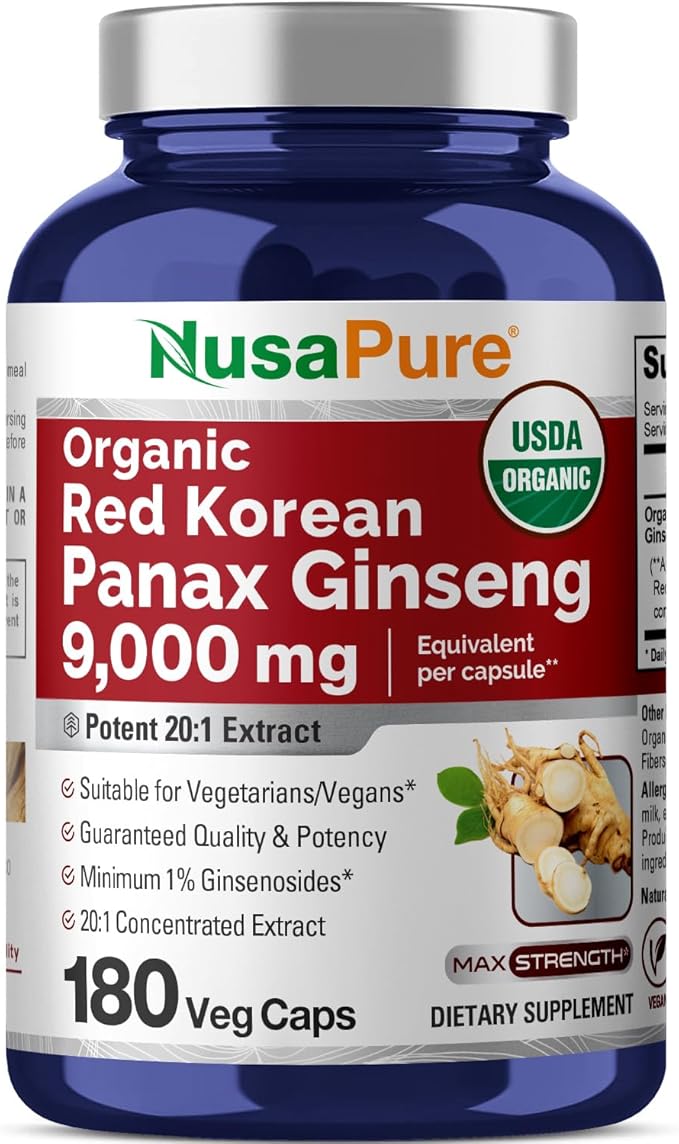NusaPure Red Korean Panax Ginseng 9,000mg 180 Veggie Caps (USDA Organic, Non-GMO, Extract 20:1)