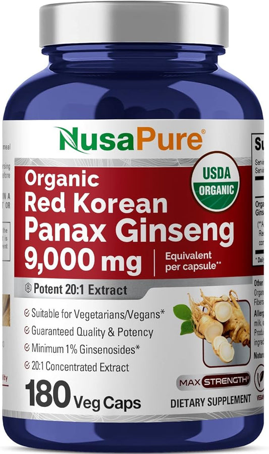 NusaPure Red Korean Panax Ginseng 9,000mg 180 Veggie Caps (USDA Organic, Non-GMO, Extract 20:1)