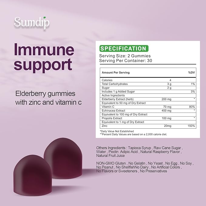 Elderberry Gummies with Zinc and Vitamin C Immune Support Herbal Dietary Supplements Berry Flavor Vegan Gummy Non-GMO Gluten Free 60 Gummies-2 Pack