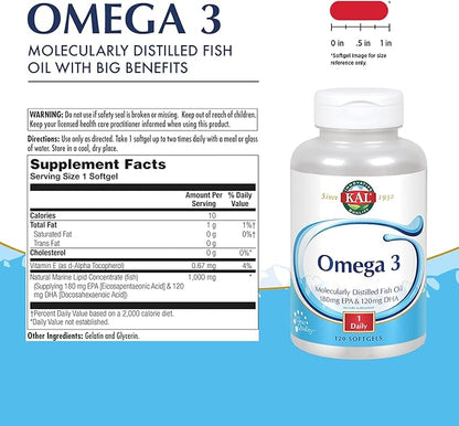 KAL Omega 3 | Omega-3 Fish Oil for Healthy Heart, Joint & Brain Support | 180mg EPA, 120mg DHA (120 CT, 120 Serv)