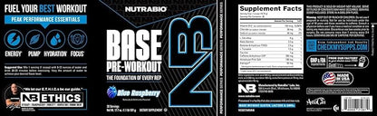 NutraBio Base Pre-Workout Powder 200mg Caffiene, Sustained Energy, Focus, Endurance, Pump, Sugar Free, Clean Preworkout for Men and Women - Beta Alanine, L-Tyrosine, 30 Servings - Blue Raspberry
