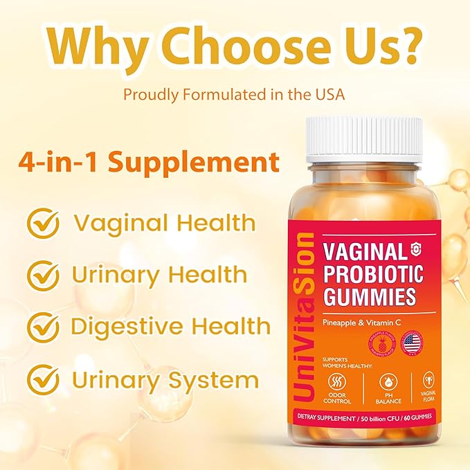 UniVitaSion Vaginal Probiotics Gummies for Women, 50 Billion CFUs - PH Balance, Vaginal odor, Vaginal Flora, Yeast Infection Treatment for Women, Vitamin C for Immune health, Hawaiian Pineapple Flavor
