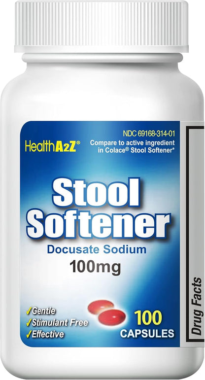 HealthA2Z® Stool Softener | Docusate Sodium 100mg | Red Capsules | Dependable | Gentle Constipation Relief (100 Counts (Pack of 1))