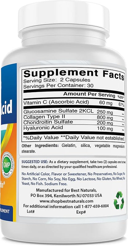 Best Naturals Hyaluronic Acid 100 mg 60 Capsules - Support Healthy Joints and Youthful Skin