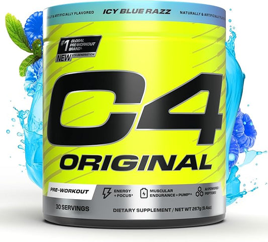 Cellucor C4 Original Pre Workout Powder Sugar Free for Men & Women 200mg Caffeine + CarnoSyn Beta-Alanine + Creatine + AI Peptides - ICY Blue Razz, 30 Servings