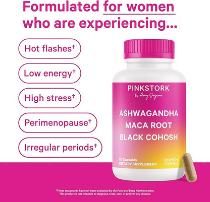 Pink Stork Ashwagandha, Maca Root, and Black Cohosh - Hormone Balance for Women - 9 Clinically-Studied Herbs for Perimenopause and Menopause - Hot Flashes, Mood Swings, Energy, 60 Capsules