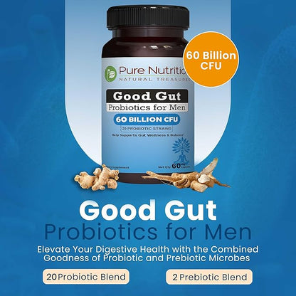 Pure Nutrition Good Gut Men's Probiotics 60 Billion CFU, 20 Strains | 60 Caps | Probiotics for Men with Organic Prebiotic Blend | Once Daily | Non GMO | Gluten Free