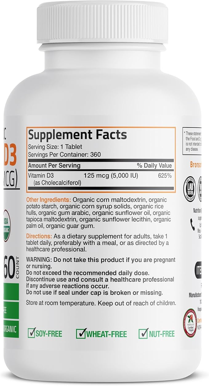 Bronson Vitamin D3 5,000 IU (125 mcg) Certified Organic High Potency Non-GMO Vitamin D Supplement, 360 Tablets