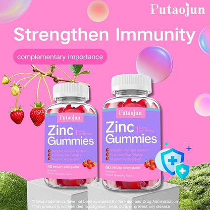 Zinc Gummies for Kids & Adults - Immune Support, High Absorption Vitamin C & Zinc Supplement, Natural Strawberry Flavor, Sugar Free, Vegan - 120 Count