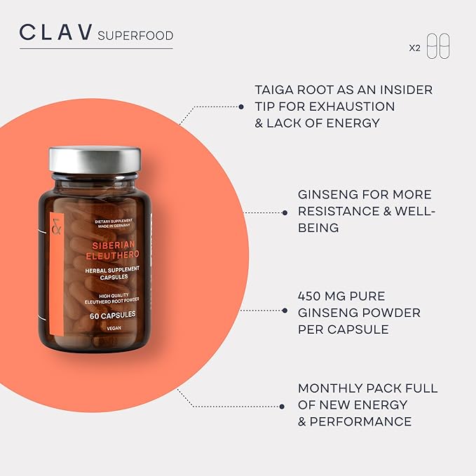CLAV® Siberian Ginseng - 900mg Eleuthero Root Powder - Energy Supplement - Reduction of Tiredness & Fatigue - 60 Ginseng Capsules - Made in Germany