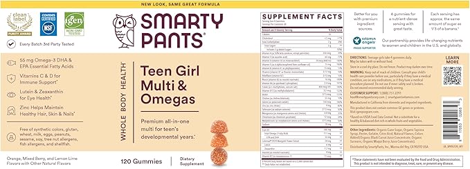 SmartyPants Teen Girl Multivitamin Gummies: Omega 3 Fish Oil (EPA/DHA), Vitamin C, D3, B12, Vitamin A, K & Zinc, Gluten Free, Includes Biotin to Support Hair, Skin & Nails, 120 Count (30 Day Supply)