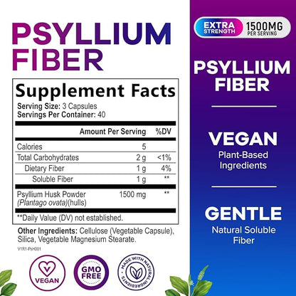 Psyllium Husk Powder Caps 1500mg - Non-GMO, Natural Soluble Fiber for Daily Digestive Health & Regularity Support, Vegan Psyllium Fiber Supplement with Plant Based Fiber, Sugar Free - 120 Capsules