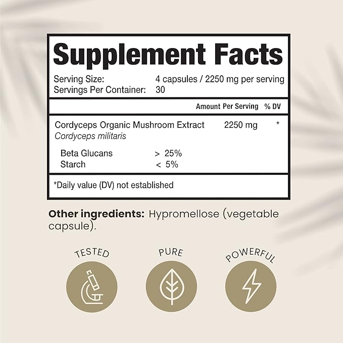 Premium Organic Cordyceps Mushroom Extract Performance Supplement for Energy, Endurance and Immunity | 2250 mg, 120 Capsules, Pack of 1