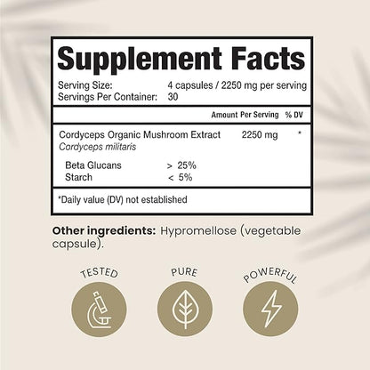Premium Organic Cordyceps Mushroom Extract Performance Supplement for Energy, Endurance and Immunity | 2250 mg, 120 Capsules, Pack of 1