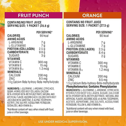 Juven Therapeutic Nutrition Drink Powder Including Collagen Peptides, Amino Acids, and HMB For Wound Healing Support, Variety Pack: Orange & Fruit Punch, 30 Packets