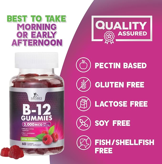 B12 Gummies for Adults, Extra Strength Energy 3000 mcg - B-12 Energy Metabolism & Immune System Support - Chewable Dietary Supplement for Adults & Kids Caffeine Free Gummy Vitamin - 60 Gummies