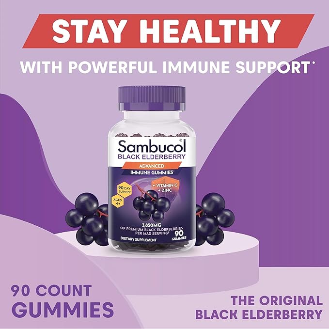 Sambucol Elderberry Gummies for Adults with Vitamin C; Zinc; Sambucus Elderberry Gummies for Immune Support with High Antioxidants; Gluten Free; Vegan; 1 Gummy Per Serving; 90 Count (90 Day Supply)