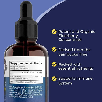 Organic Elderberry Syrup, 60 Day Supply, Black Liquid Drops for Immune Support, Sambucus Elderberry Syrup - Liquid Extract Drops for Kids & Adults - Extra Strength (2 Pack)