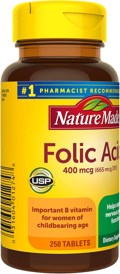 Nature Made Folic Acid 400 mcg (665 mcg DFE), Dietary Supplement for Nervous System Function, 250 Tablets, 250 Day Supply