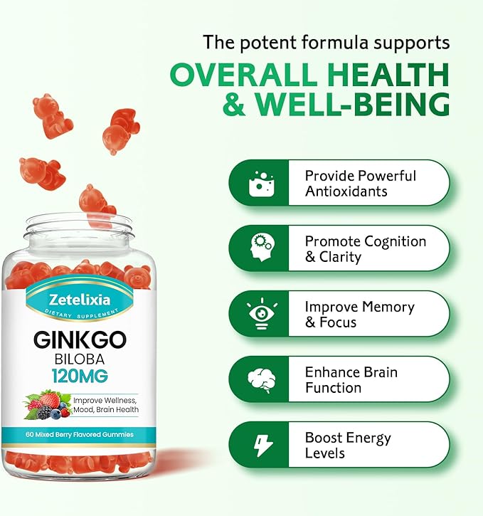2 Pack Ginkgo Biloba Gummies for Women and Men, Brain Supplement Improve Better Mood and Focus, Vegan Mixed Berry Flavor 120 Count