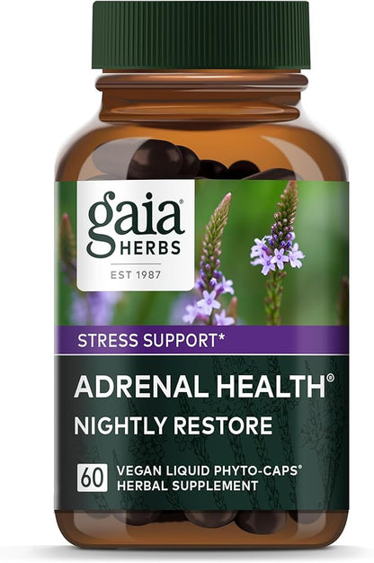 Gaia Herbs Adrenal Health Nightly Restore - Herbal Supplement with Ashwagandha, Magnolia Bark, Cordyceps, Lemon Balm, and More - 60 Vegan Liquid Phyto-Capsules (30 Servings)
