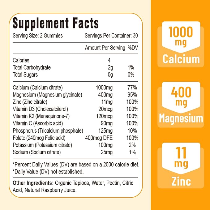 Calcium Magnesium Zinc Gummies with Vitamin D3 and K2, High Absorption Magnesium Glycinate Potassium for Immune and Calm Mood, Vegan Mango and Pineapple Flavor 60 Gummies