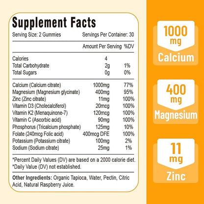 Calcium Magnesium Zinc Gummies with Vitamin D3 and K2, High Absorption Magnesium Glycinate Potassium for Immune and Calm Mood, Vegan Mango and Pineapple Flavor 60 Gummies