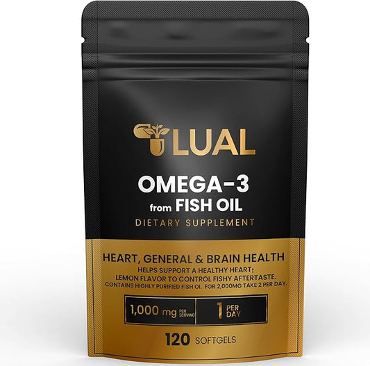LUAL Omega-3 Fish Oil Softgels – 1000mg with EPA and DHA, Lemon Flavor, Burpless, Non-GMO Formula for Heart, Brain, and Overall Wellness – 120 Count