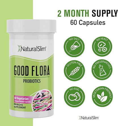 NaturalSlim Probiotics for Digestive Health Good Flora Probiotic Capsules - Intestinal Flora & Immune Support Gut Health Supplements with 7 Powerful Probiotic Strains - Gluten Free 60 Capsules