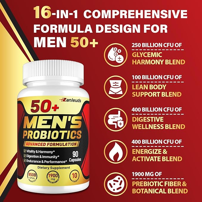 Probiotics for Men, Potent 50+ Mens Probiotic, Complete Gut & Digestive Health, with 850 Billion CFU, 1900mg Prebiotic Fiber, Energize, Immune, Mens Probiotics for Gut Health Over 50-180 Capsule