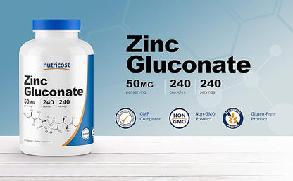 Nutricost Zinc Gluconate 240 Veggie Capsules (50mg) (2 Bottles) - Gluten Free and Non-GMO