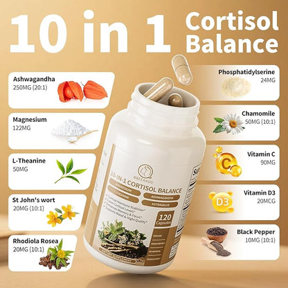 2 Pack Cortisol Supplements for Women & Men - 10-in-1 Cortisol Reducer Manager Detox with Ashwagandha, Magnesium - Lower High Cortisol Levels, Relaxation & Night Support, Non-GMO, 120 Capsules