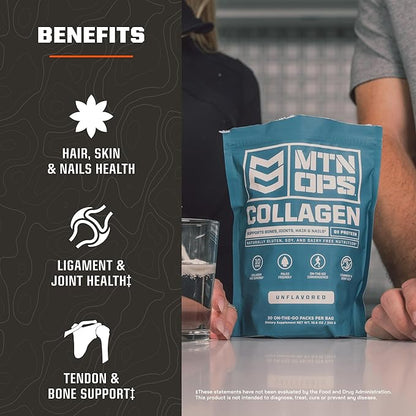MTN OPS Collagen Protein Powder On-The-Go Packs, 30 Packs per Bag of Unflavored, Highly Digestible Protein with 9g of Protein per Serving
