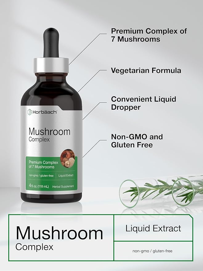 Horbäach Mushroom Complex Liquid Extract | 4 FL Oz Tincture Drops | 7 Premium Mushrooms | Maitake, Shiitake, Reishi, Chaga, Cordyceps, Lion's Mane & Oyster Mushrooms | Vegetarian, Non-GMO, Gluten Free