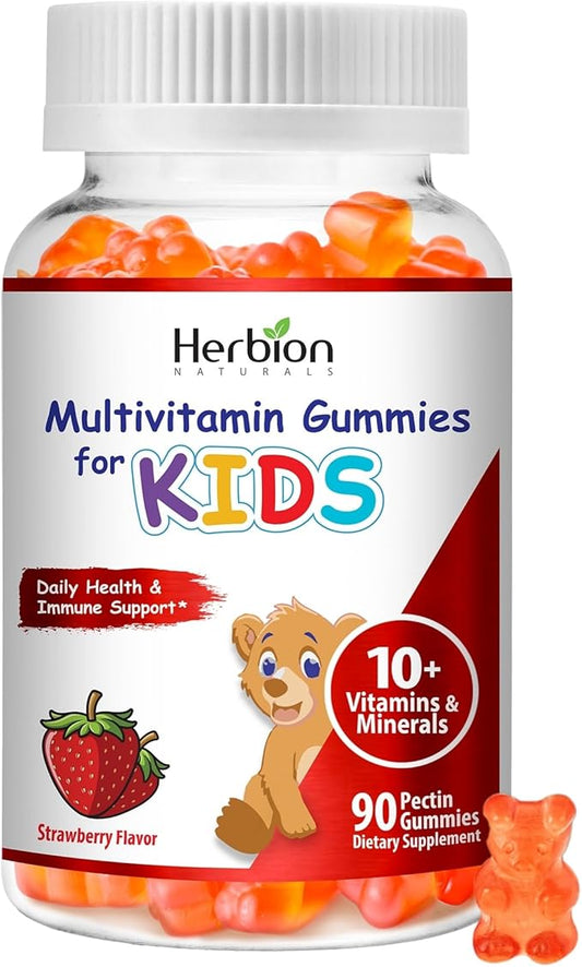 HERBION Naturals Multivitamin Gummies for Kids | Immune Support with Vitamin C, D3, B12, A, E & Zinc | Strawberry Flavor | Gluten Free, Vegan, Chewable Gummy Vitamins | 90 Ct