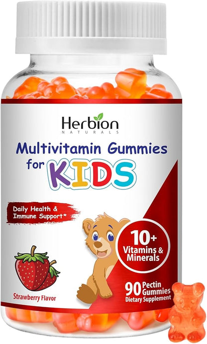 HERBION Naturals Multivitamin Gummies for Kids | Immune Support with Vitamin C, D3, B12, A, E & Zinc | Strawberry Flavor | Gluten Free, Vegan, Chewable Gummy Vitamins | 90 Ct | Pack of 24