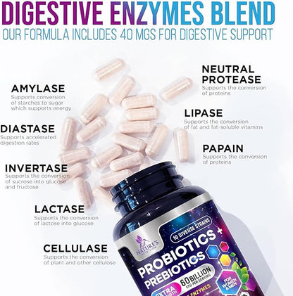 Daily Probiotic for Women & Men 60 Billion CFU 10 Strains Supplement Lactobacillus Probiotics - Digestive Gut & Immune Health Support - Supports Occasional Constipation, Gas & Bloating - 60 Capsules
