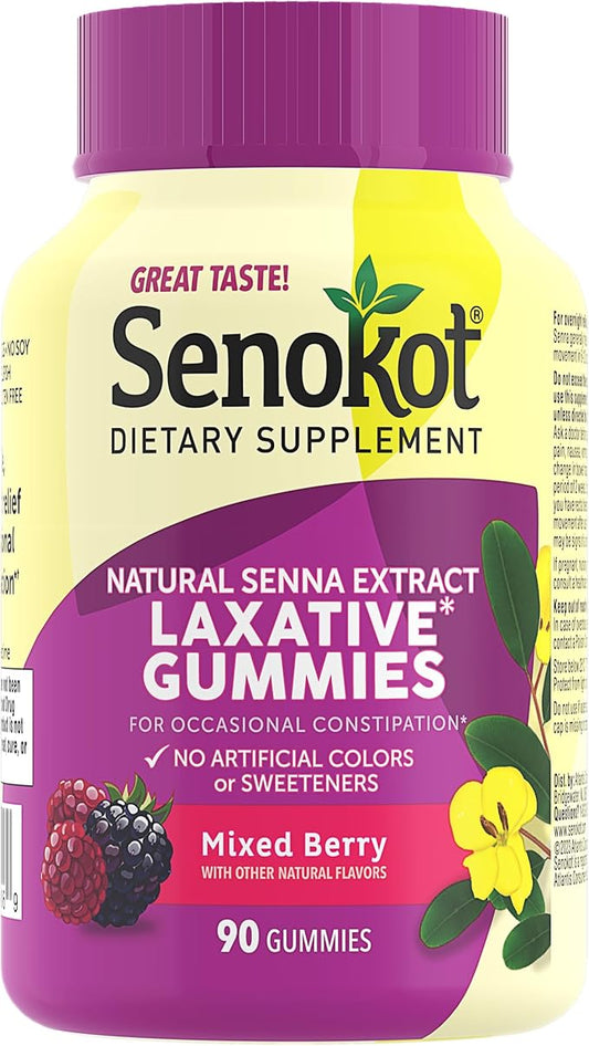 Senokot Dietary Supplement Laxative Gummies, Natural Senna Extract, Gentle, Overnight Relief from Occasional Constipation, Mixed Berry Flavor, 90 Count