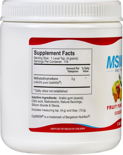 Kala Health MSMPure Fruit Punch Flavored, 1 lb, Coarse Powder Flakes, Organic Sulfur Crystals, 99.9% Pure Distilled MSM Supplement, Made in The USA