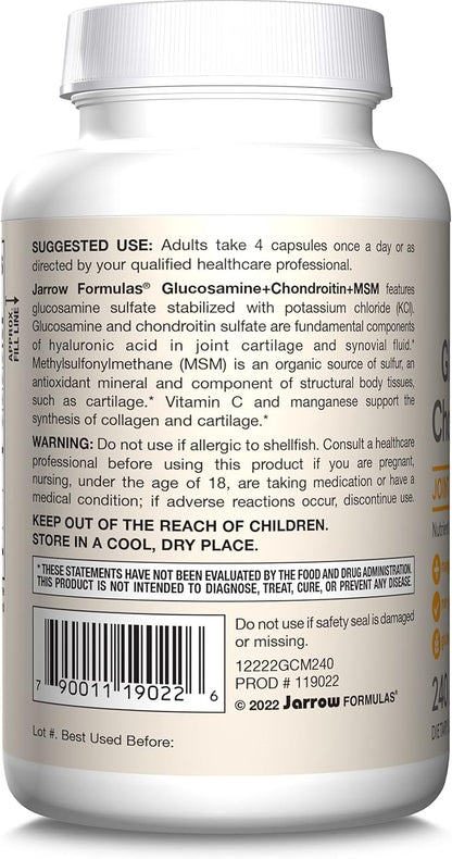 Jarrow Formulas Glucosamine + Chondroitin + MSM Capsules, Joint Support Supplement with Vitamin C and Manganese, 240 Capsules, 60 Day Supply
