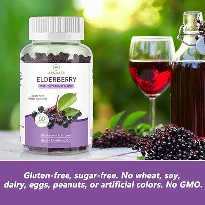AFXMATE Sambucus Black Elderberry Gummies with Zinc and Vitamin C for Adults Kids Immune Support, Sugar Free 120 Counts