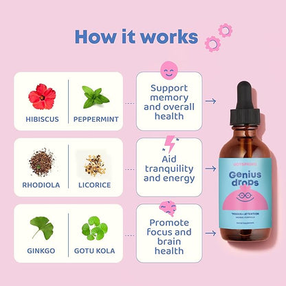 JoySpring Genius Drops for Kids | Clinically Proven Focus Supplement | Liquid Herbal Focus Supplement with Ginkgo Biloba for Kids (1 fl oz) 30 Servings